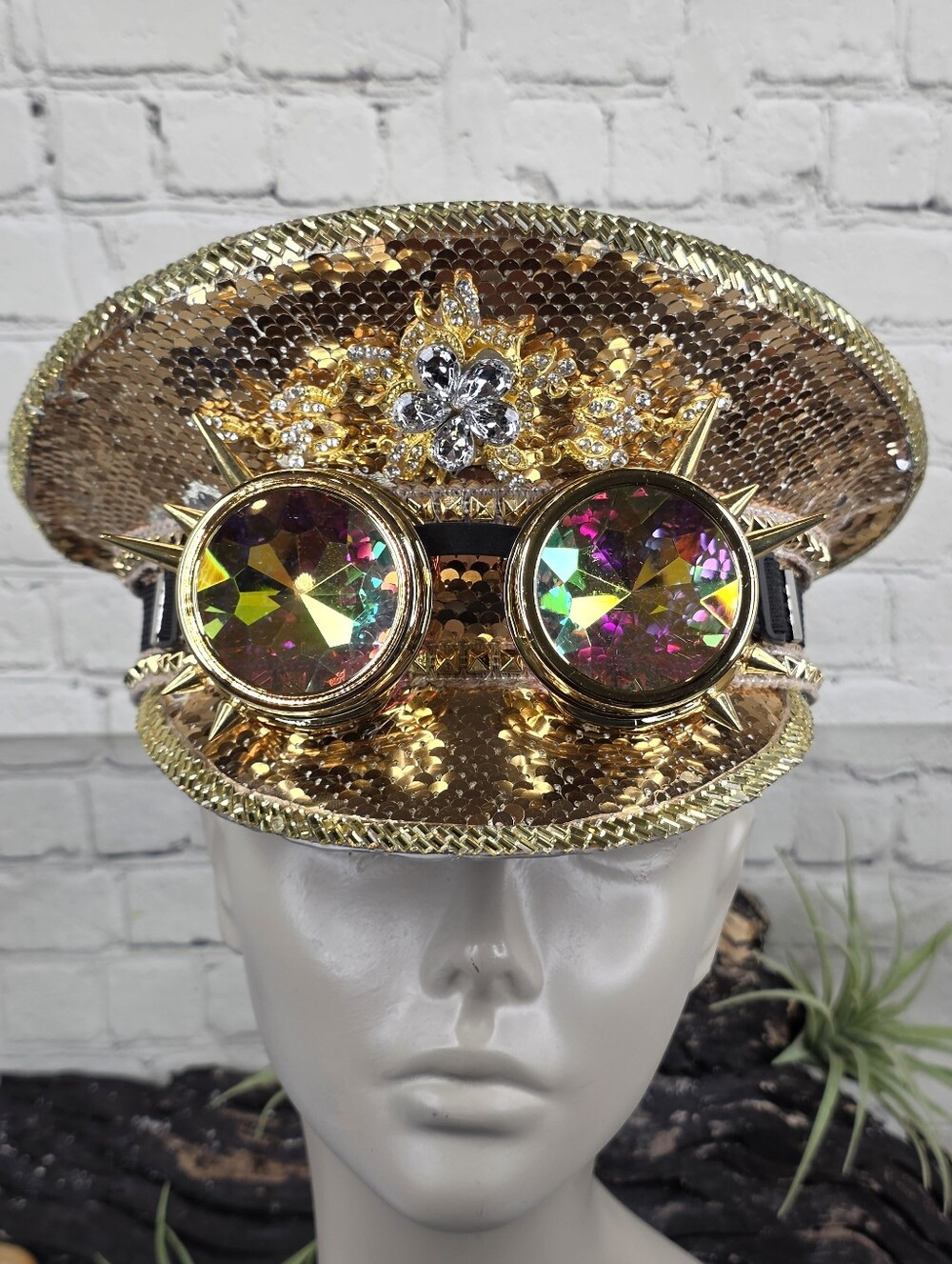 Steampunk Gold Sequin Festival Captain Hat with Kaleidoscopic Spiked Goggles